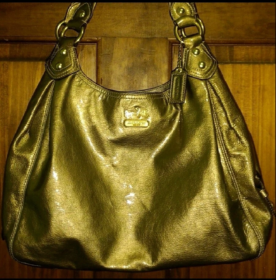 Stylish Coach Purse with Tan/Gold and Metallic Gold Leather Trim