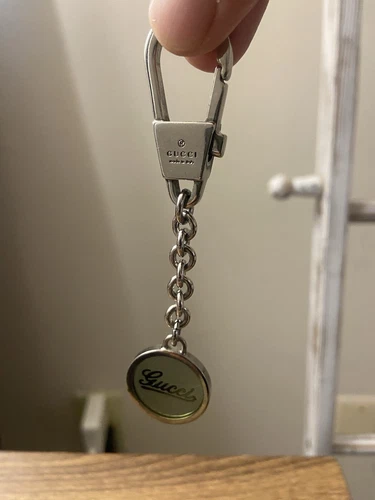 Gucci Vintage Silver Cursive Logo Keychain Bag Charm, With Box, Made In Italy 