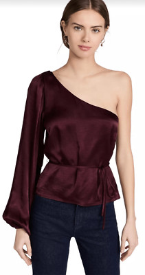 $99 Minkpink Nador One Shoulder Burgundy Satin Long Sleeve Top XS NWT Tie Belt