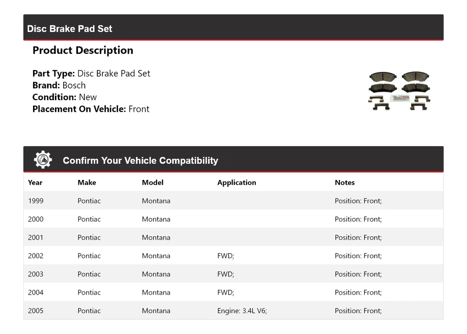 Pastillas de freno delanteras de cerámica de servicio severo 2000 para Pontiac Montana Bosch 1999-2005 Foto 2 de 4