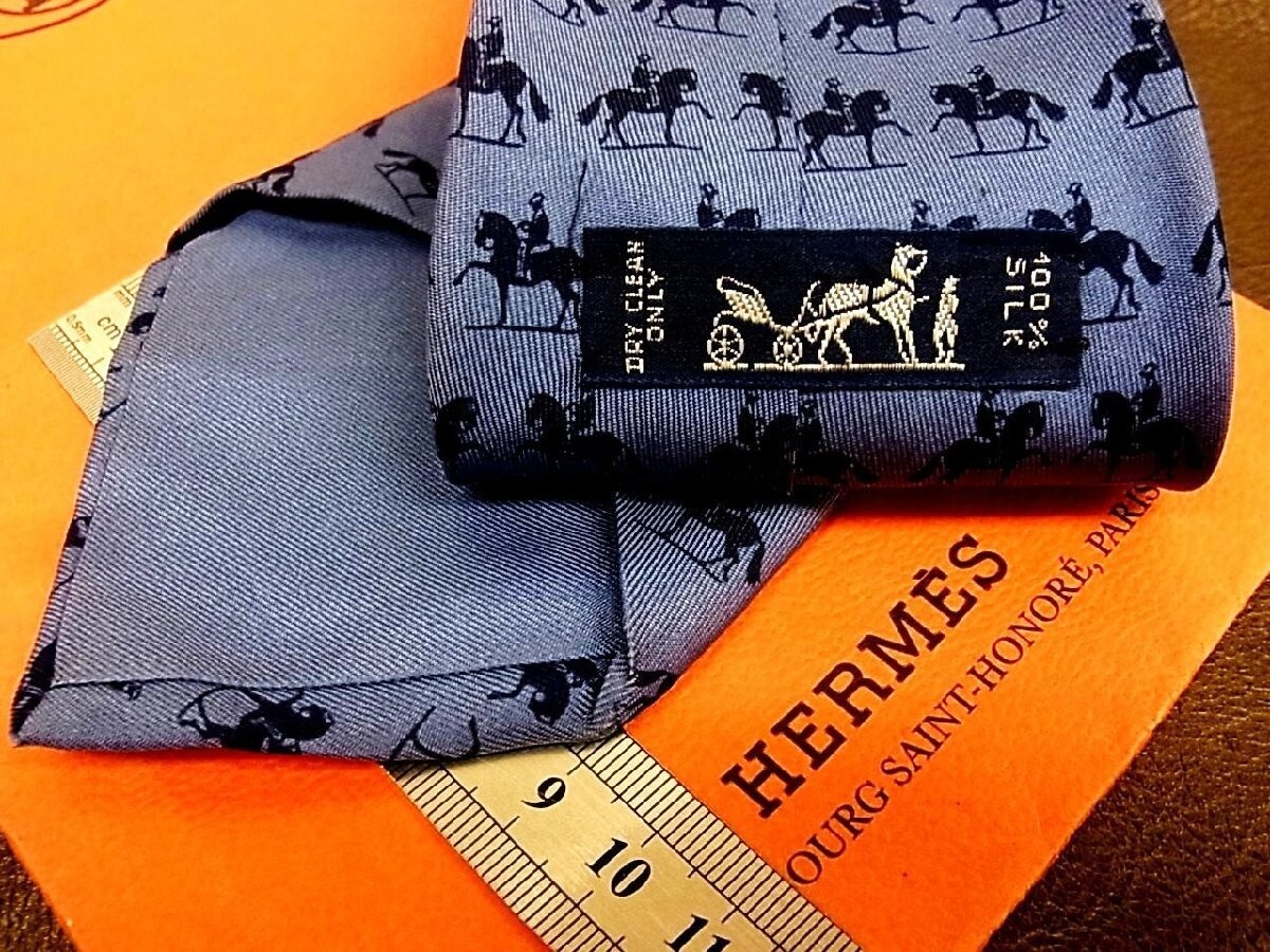 HERMES Neck tie Silk Navy Blue Logo japan seller N1219 40