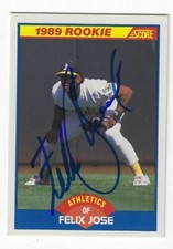 Autographed FELIX JOSE Oakland A's 1989 Score Card #629 COA