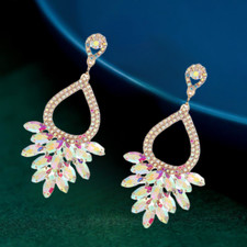 AB/Green Rhinestone Large Flower Leaf Dangle Drop Earrings