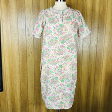 VINTAGE Montgomery Ward S  Mumu House Dress Pink Floral Flowers Pearl Snaps