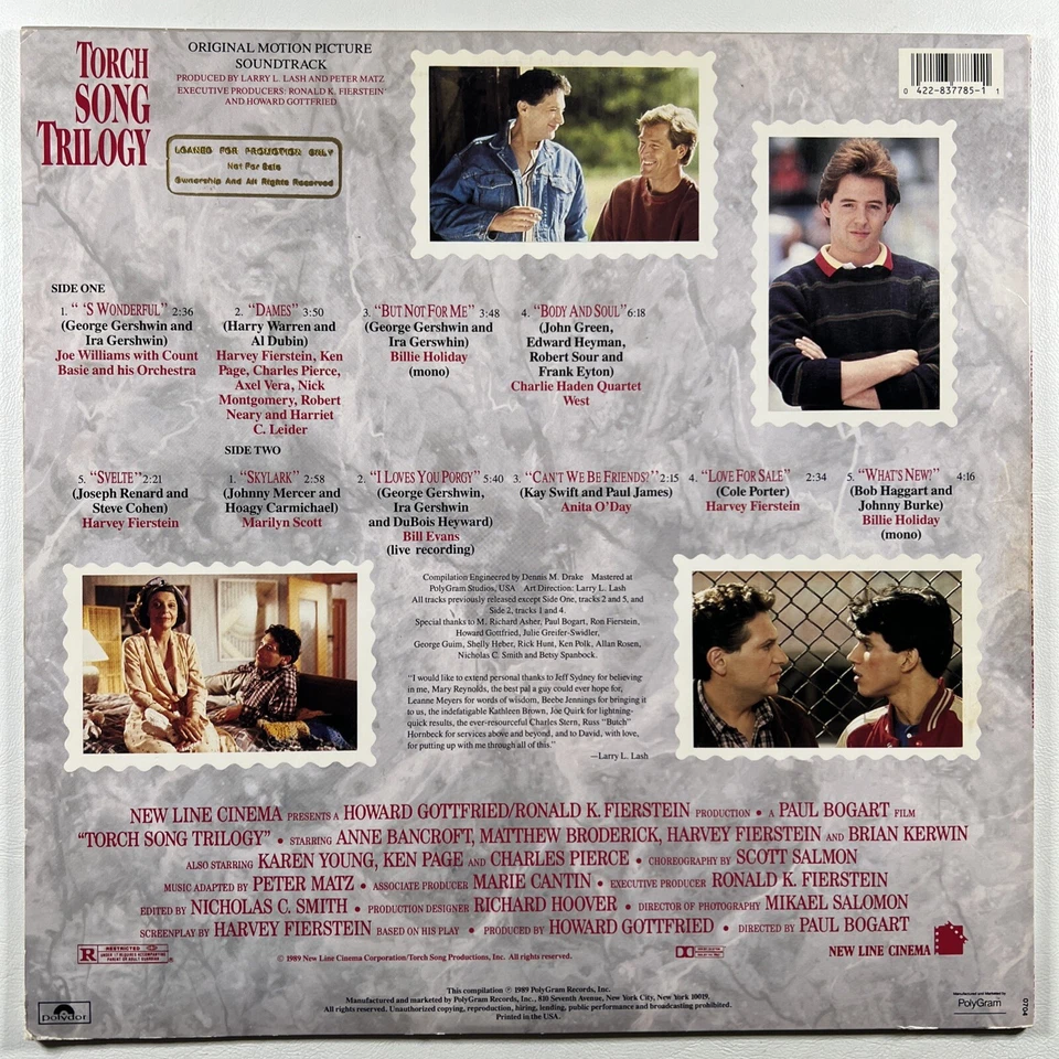 Torch Song Trilogy Original Motion Soundtrack” LP/Polydor (EX) 1989 Promo - Image 2 of 4