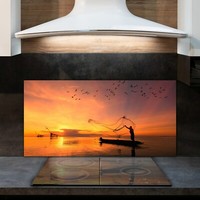 Glass Kitchen Splashback Tile Cooker Panel Fisherman on Wooden Boat 120x60