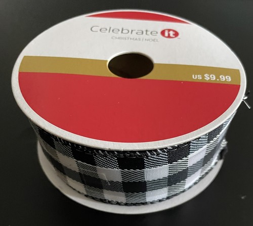 New "Celebrate It" White & Black Holiday Check Wired Ribbon 1 1/2 in. x 25 ft - Picture 5 of 5