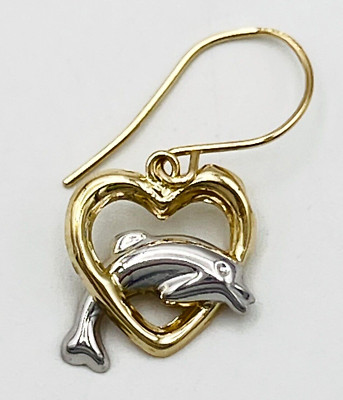 Vintage ONE SINGLE Jacmel Signed JCM 14KT Gold Dolphin Open Heart Earring