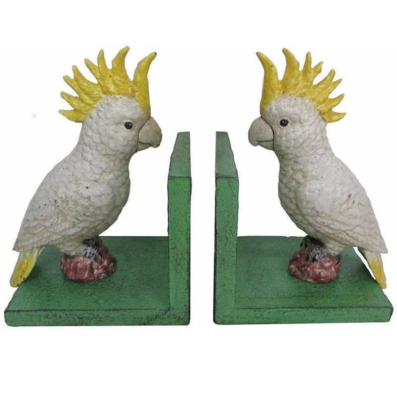 Pair of Cast Iron Cockatoo Bird Bookends Hand Painted Retro Book Ends Green Base