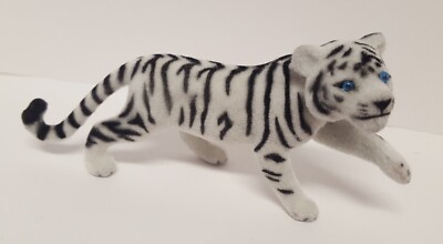 Vintage White Tiger Flocked Plastic Figure Fuzzy Zoo Safari Black Stripes