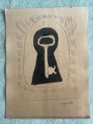 RENÈ MAGRITTE drawing AND painting on old paper signed stamped vintage