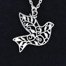 FILIGREE DOVE Necklace - Pewter Charm Large Pendant Peace Scroll Open on Chain