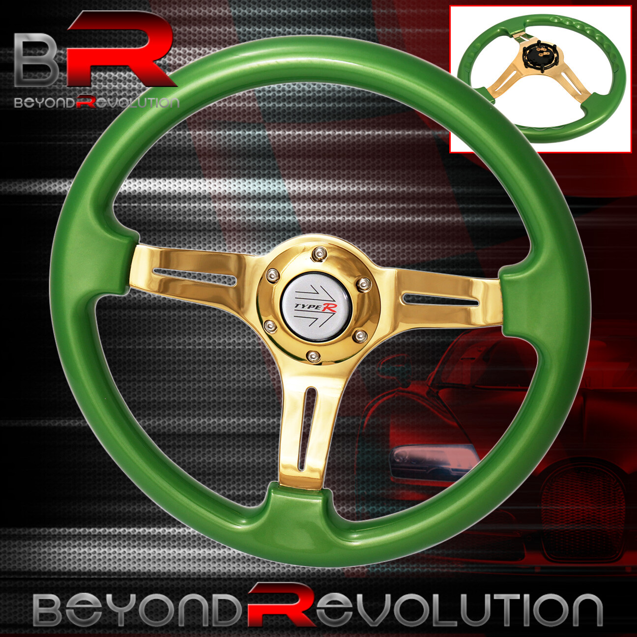 TypeR Steering Wheel Green Classic Gold Streak Center 6 Bolt Hole