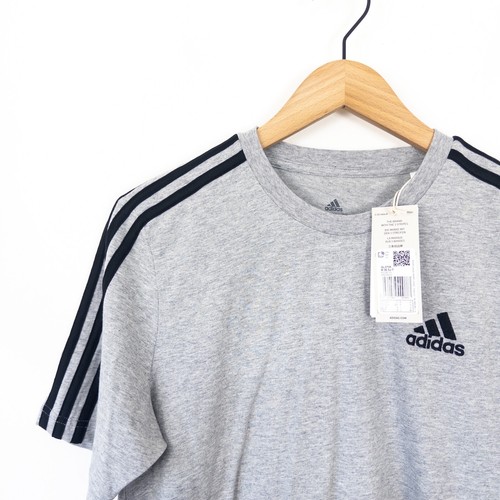 adidas Essentials 3 Stripe T-Shirt Grey Heather Black Size S NEW - Picture 11 of 15