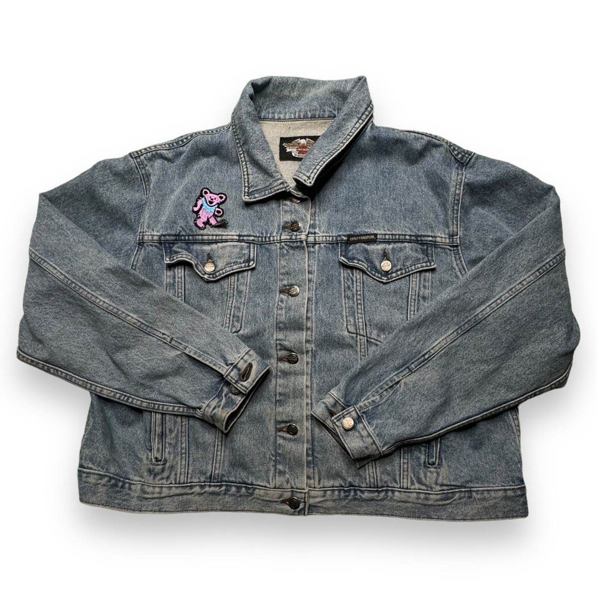 90s VTG Harley Davidson Jacket Mens Medium Blue Denim Trucker Bar