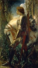 Oil painting young man portrait Sir Galahad with white horse in landscape art