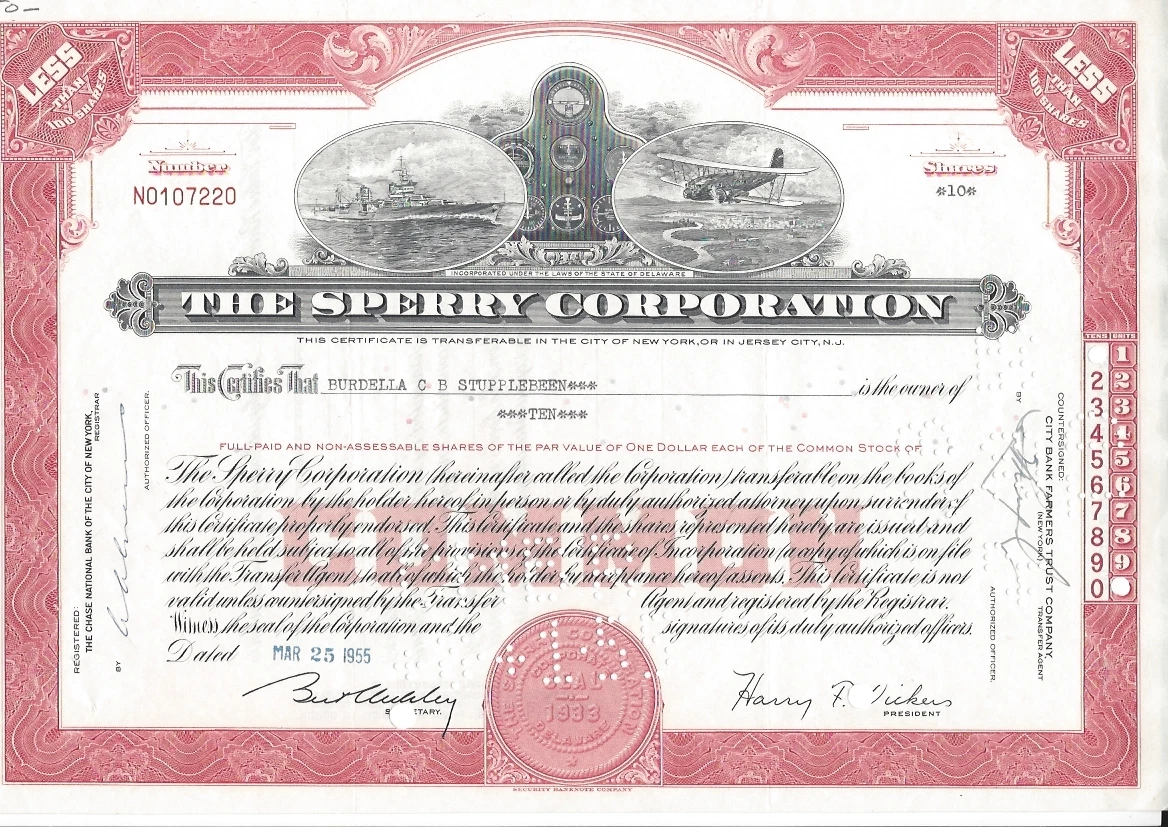 THE SPERRY CORPORATION 1955 STOCK CERTIFICATE eBay