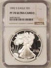 1992-S $1 PROOF AMERICAN SILVER EAGLE, 1 OZ .999 – NGC PF-70 ULTRA CAMEO