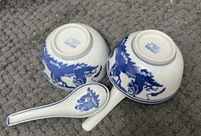 Blue & White Chinese Rice Bowls & Soup Spoons Set 4pc Porcelain Made in China