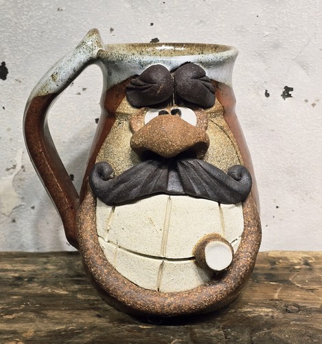 Vintage Eakin Signed Stoneware Face Mug Pottery, Mustache and Cigar