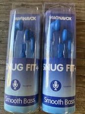 Magnavox SNUG FIT Earphones w/mic Handsfree. Smooth Bass. Blue Color. Lot of 2.