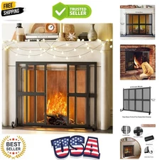 Sleek Wrought Iron Fireplace Screen - 37.8" W x 30.7" H - Child & Pet Safety