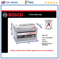 Car Battery S5007 Bosch 100 750A 74Ah 5Yr Warranty 278x175x175