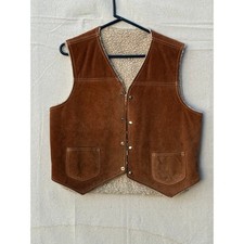 Vintage Brown Suede Sherpa Lined Western Vest Snap Front Boho Cowboy Mens Large