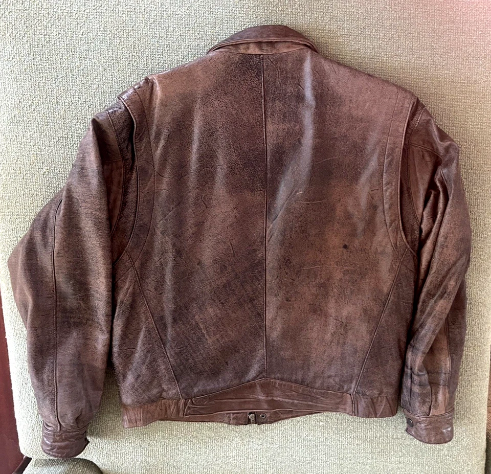 Charles Klein 90's Leather Distressed Brown Bomber Jacket Zip Snap Lined Heavy S - Image 4 of 4