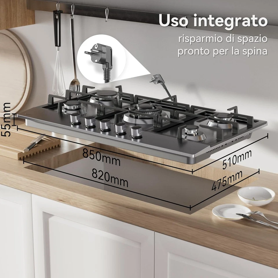 Piano Cottura a Gas 5 Fuochi 85Cm Da Incasso, per Gas Naturale/Propano, Sicurezz - Immagine 2 di 4