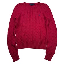 Ralph Lauren Red Cable Knit Cotton Sweater Crewneck Blue Pony Logo Medium Preppy