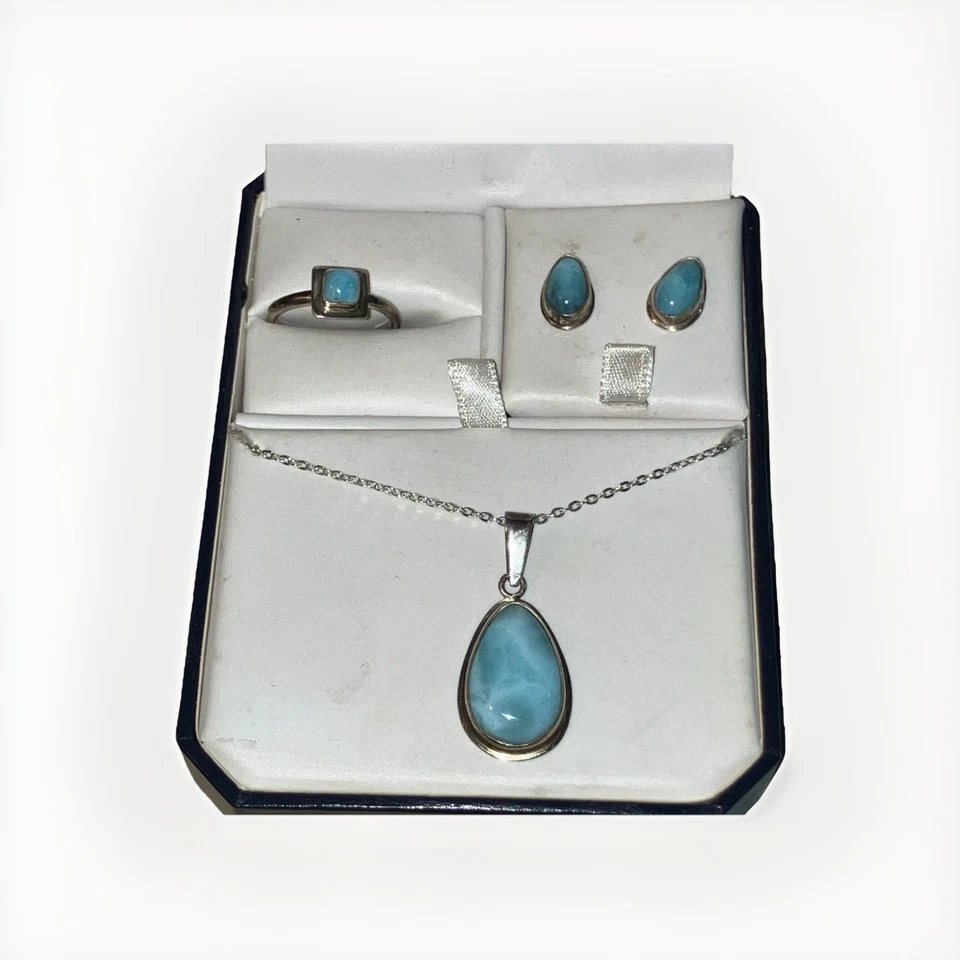 Conjunto de joyas de plata Larimar .925 de 4 piezas pendientes collar anillo pulsera Foto 2 de 4