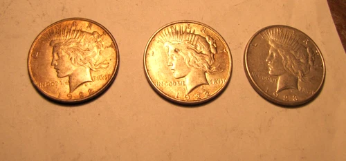 3 Peace Silver Dollars 90% Silver 1923s, 1922d, 1922d Circulated Lot VF-AU