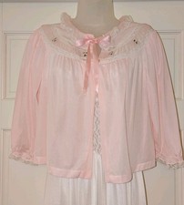 Vtg Evette Pink Nylon  Lace Bed Jacket Sz M 3/4 Sleeve Chiffon, Rosettes
