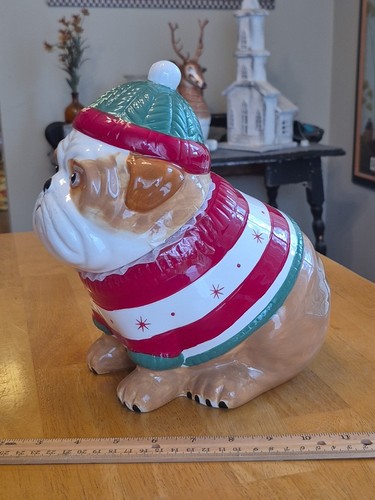 Sleigh Bell Bistro 10"×7" Bulldog in Christmas Sweater and Beanie Cookie Jar NWT - Picture 3 of 24