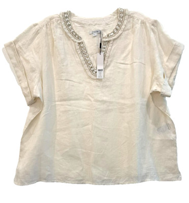 NWT Chico's Sz 4 / 20 Ecru 100% Linen Cap Sleeve Embellished Collar Tunic