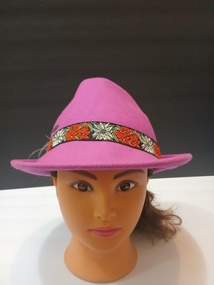 Alpen Kitz Hat Trilby Fitted Womens Small Pink Wool Floral Band Alpine Austrian