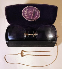 Antique 1900's FITS-U Rimless Pince Nez Round Eyeglasses w/Hairpin Clip  Case