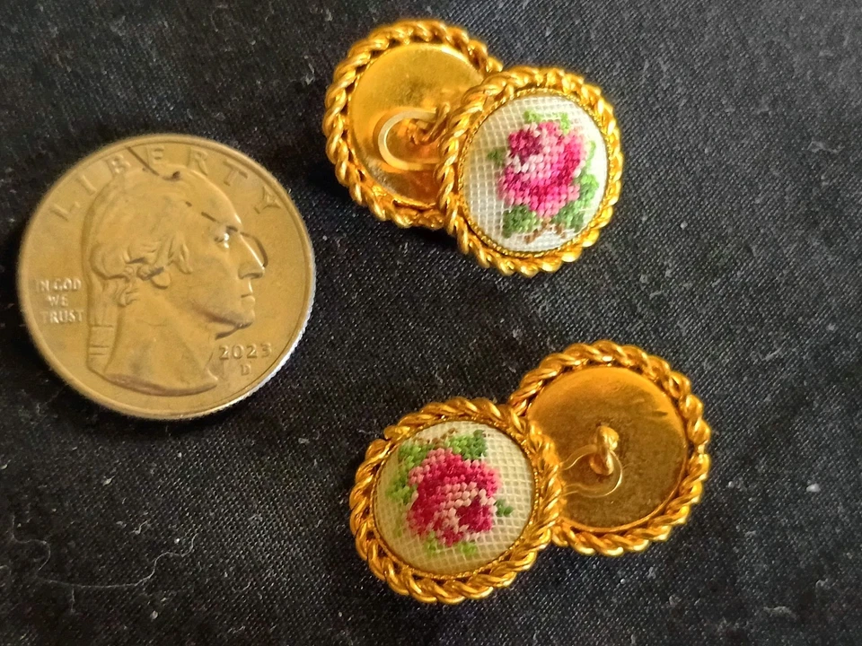 Vintage Petit Point Handmade Red Rose On White Vienna Needlepoint Flower Buttons - Image 2 of 2