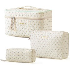 HBselect Quilted Makeup Bag, 3PCS Cotton Large Travel Makeup Bag, Cute Floral...
