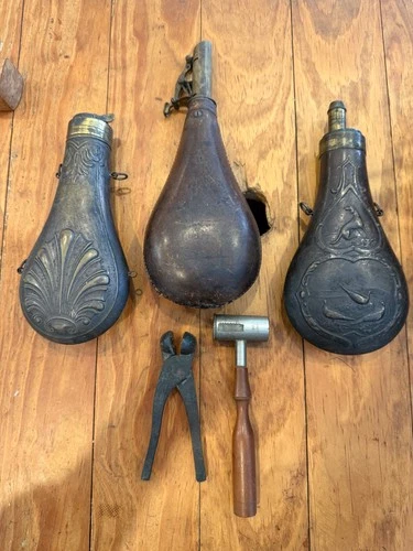 CIVIL WAR ERA POWDER FLASKS AND TOOLS
