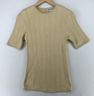 CARLISLE SPORT Sweater M Silk Herringbone Round Neck Short Sleeve Beige HK VTG