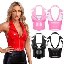 Womens PVC Wetlook Leather Sexy Crop Top Vest Punk Waistcoat Tank Tops Clubwear