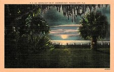 Panama City FL-Florida Sunset Moonlight St Andrews Bay Palms Vtg Postcard F24