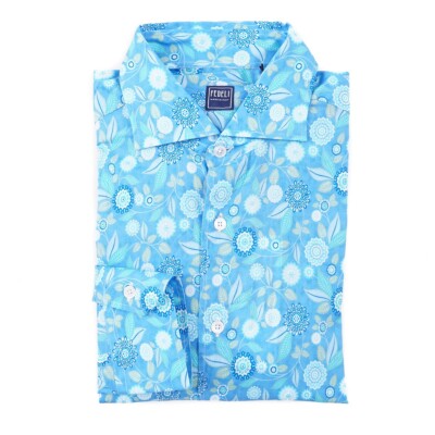 Fedeli 'Sean' Lightweight Aqua Floral Print Button-Front Cotton Shirt L (16) NWT
