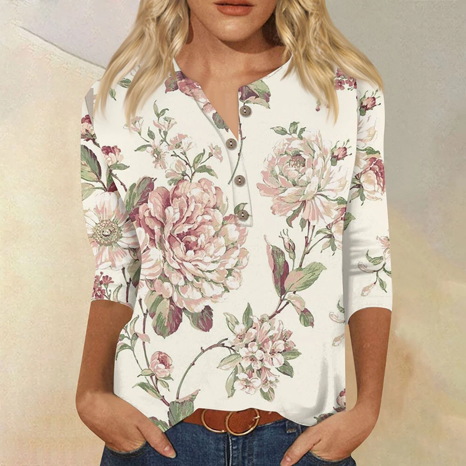 3/4 Length Sleeve Womens Tops Casual Loose Fit V-neck Shirts Floral Tunic Top * - Изображение 4 из 4