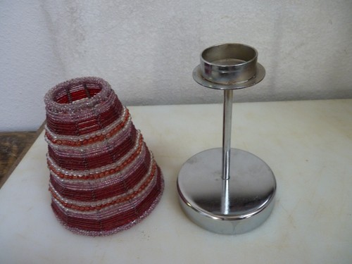Candle Holder w Red Clear Pink Bead Shade - Picture 2 of 5