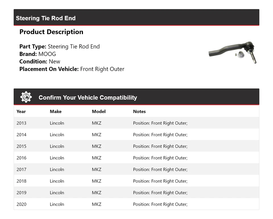 Para Lincoln MKZ 2013-2020 extremo de barra de dirección delantero derecho exterior MOOG 2013 2014 Foto 2 de 4