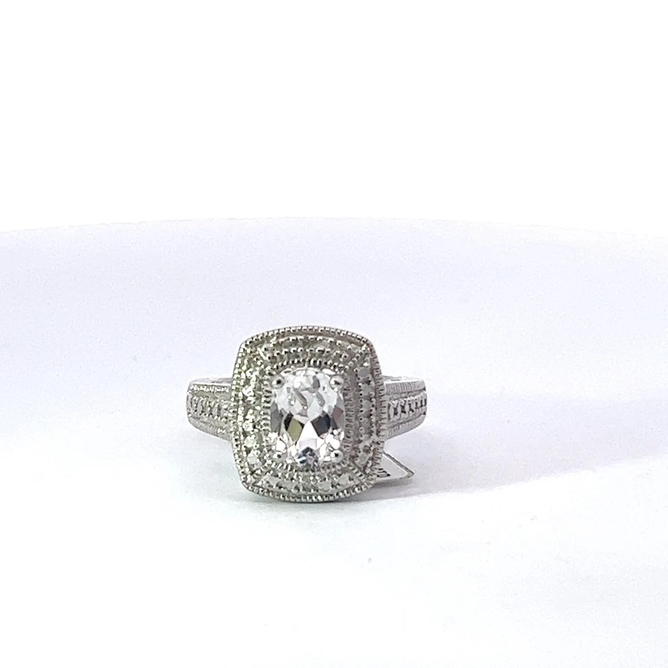 Argento Sterling Ovale Creato IN Laboratorio Bianco Zaffiro & .02ct Diamante - Immagine 2 di 4