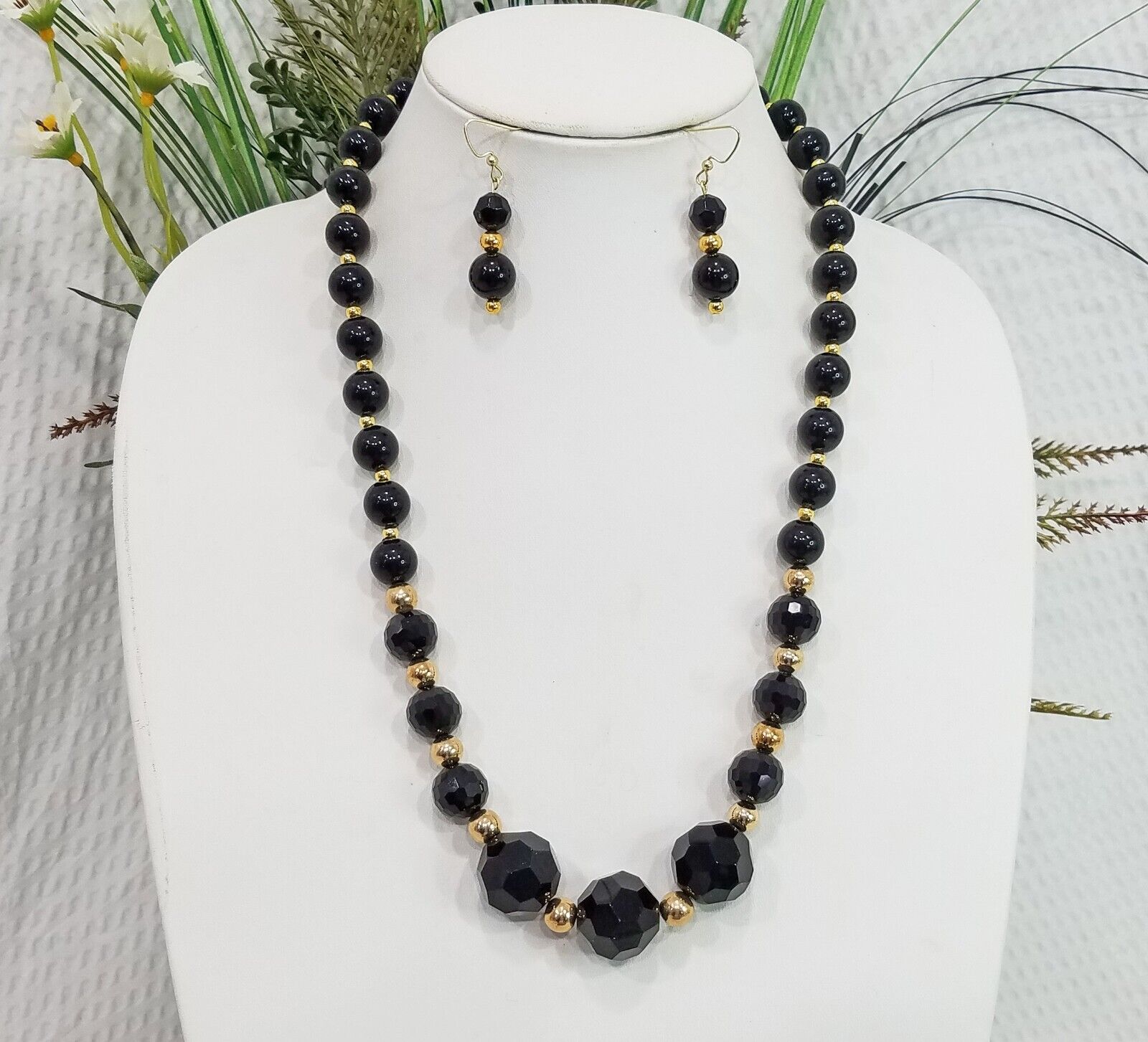 Chunky Faceted Black Onyx Stone and Gold Tone Bea… - image 1